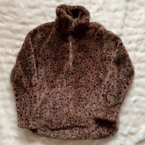 Abercrombie & Fitch Half-Zip Faux Fur Sweatshirt in Brown Leopard